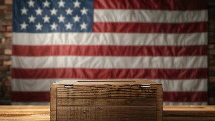 USA elections concept. hand of a person voting in the US presidential elections, The voter holds his vote ballot paper and places it in the ballot box, USA flag on the background. voting process