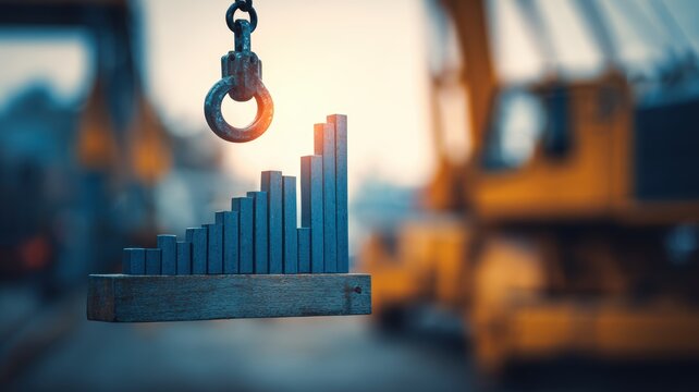 economic growth infrastructure strategy. Metal hook lifting a graph symbolizing growth against an industrial backdrop. - Powered by Adobe