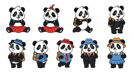 Back To School Panda Vector Illustration Set: Cute and Funny Animal Characters in Uniforms