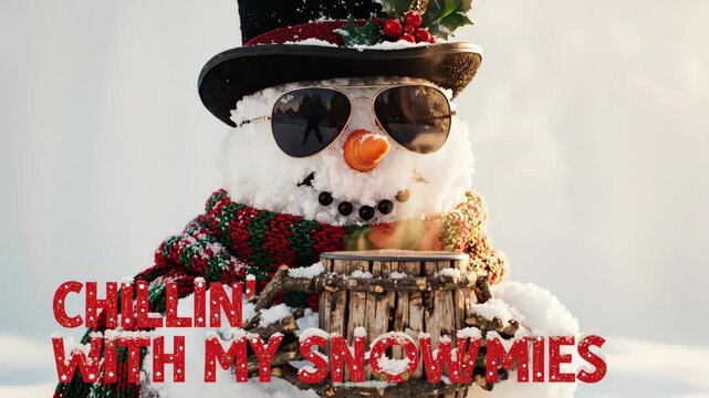 Cool snowman wearing sunglasses and a top hat holding a steaming wooden mug. Funny winter holiday concept with text Chillin' With My Snowmies