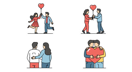 Love and Romance: Cartoon Couples Embracing, Sharing Hearts, and Enjoying Affectionate Moments