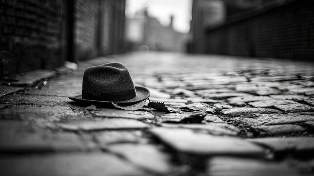A single fedora hat lies on a wet cobblestone alleyway. The scene is in black and white with a dramatic, moody atmosphere. - Powered by Adobe