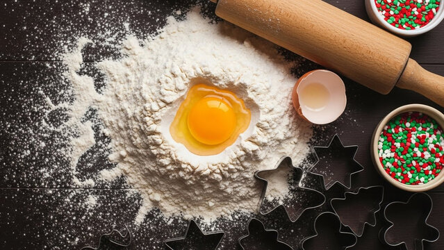 Baking christmas cookies ingredients flour egg rolling pin cutters and sprinkles on dark background top view - Powered by Adobe