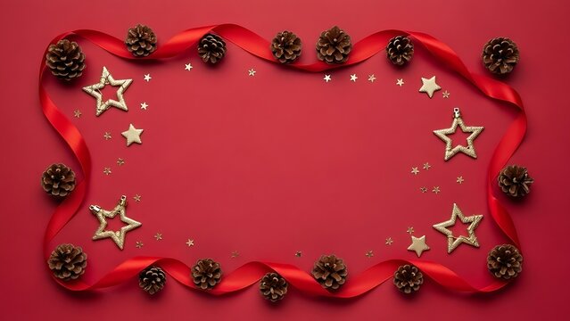 Elegant holiday cheer with shimmering stars, pine cones and rich red ribbon creates a festive Christmas or New Year's invitation or announcement template