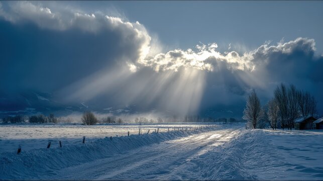 Sunbeams breaking through dark clouds over a snowy rural landscape winter light - Powered by Adobe