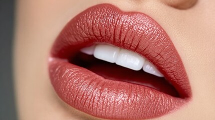 Obraz premium Close Up View of Feminine Face with Plump Lips and Coral Cosmetic for an Attractive Look