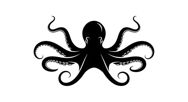 Black silhouette graphic of an octopus with eight curling tentacles isolated on white background - Powered by Adobe
