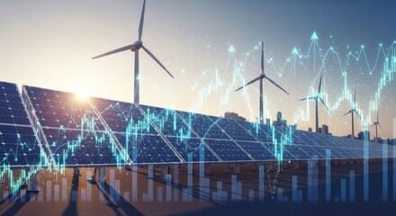 Solar panels and wind turbines generating renewable energy with rising stock market graph overlaying the scene