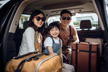 Happy Asian family with child in car trunk, surrounded by luggage, ready for vacation trip