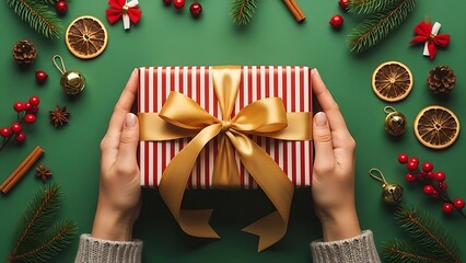 Festive Christmas gift in hands, adorned with gold ribbon, amidst holiday decorations, evokes warmth and joy, perfect for seasonal greetings and promotions