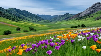 A vast valley filled with rolling green hills and a foreground carpeted with colorful wildflowers, including purple, orange, and yellow varieties, under a brigh