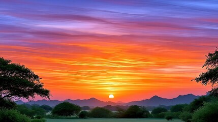 A breathtaking sunset paints the sky with vivid oranges, pinks, and purples, casting a warm glow over silhouetted hills and lush green trees.