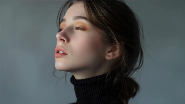 Woman with a chic updo and makeup looking off to the side
