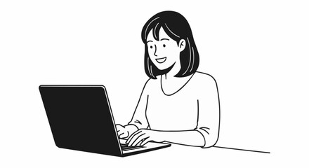 Woman working on laptop with focused expression and positive demeanor.