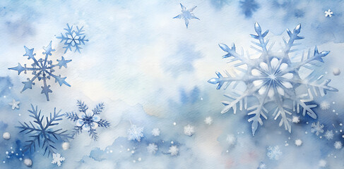 Soft watercolor background in various shades of blue and white, featuring a cluster of stylized snowflakes of different sizes. Conveys peace, cold, and a handcrafted holiday feel