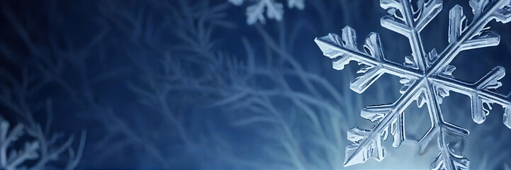 Close-up shot of a large, detailed snowflake set against a deeply textured, cold blue background, conveying a moody and icy winter atmosphere. Represents cold, ice, detail, and seasonal depth