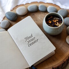 Journal with find your center quote surrounded by smooth stones and tea