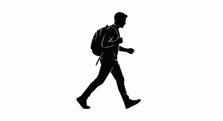 Silhouette of a man walking with a backpack on a white background.