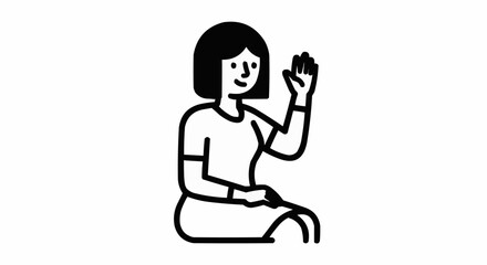 Simple line art illustration of a woman sitting and waving hello.