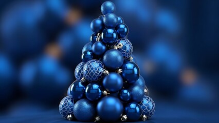 Vibrant blue Christmas ornaments form a modern tree shape, perfect for stylish holiday promotions and elegant seasonal greetings with a touch of class