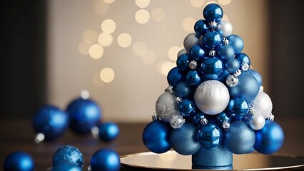 Elegant Christmas: Blue and Silver Ornaments Create a Festive Holiday Tree with Twinkling Lights, Perfect for Seasonal Greetings and Celebrations