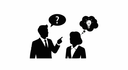 Man pointing at woman with question mark and lightbulb thought bubbles.