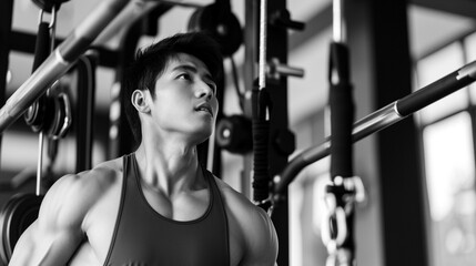 Determined athletic man in gym, intense workout focus, black and white portrait of strength and fitness