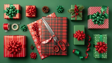 Festive Christmas gifts ready for holiday cheer with ribbons, bows, and wrapping paper perfect for seasonal promotions and heartwarming family moments