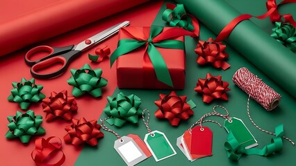 Festive holiday gift wrapping essentials for Christmas presents with red and green bows and tags, perfect for seasonal celebrations and joyful giving