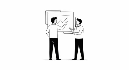 Two men analyzing business growth chart on whiteboard.
