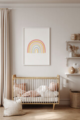Nursery Interior with Rainbow Art Above Crib and Neutral Tones Decor