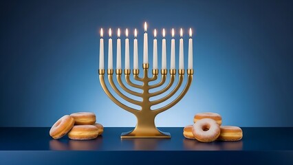 Celebrating Hanukkah with a beautifully lit menorah and delicious sufganiyot, perfect for festive holiday promotions and heartfelt season's greetings