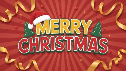 Festive merry christmas banner with santa hat, evergreen trees, golden ribbons, and a vibrant red background