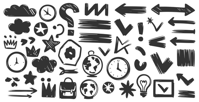 A collection of hand-drawn doodle elements including arrows, clocks, stars, clouds, symbols, check marks, brush strokes, and sketch icons, perfect for creative designs, presentations, and graphic proj