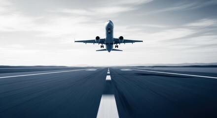 Obraz premium A modern jet airliner gracefully ascends, taking flight from a blurred runway, soaring against a cloudy sky, showcasing the thrill of aviation and travel