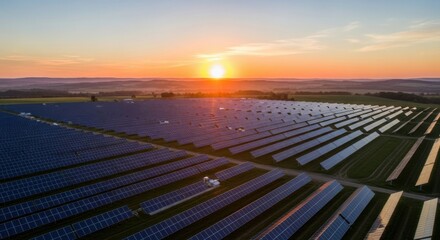 Aerial view of solar panel farm at sunset generating clean renewable energy