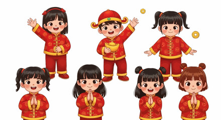 Cheerful Chinese New Year Kids in Traditional Clothing: A Delightful Vector Illustration