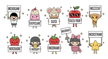 Adorable food and sweet treats spelling challenge with kawaii characters vector set