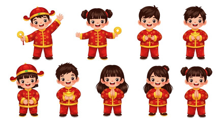 Adorable Chinese New Year kids in traditional outfits, spreading joy and celebration with gold