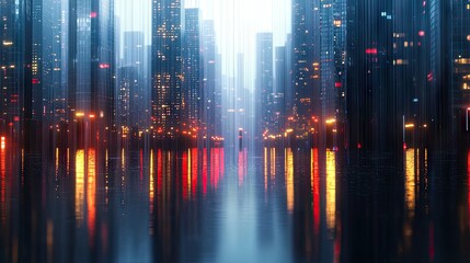 A futuristic cityscape at night, with towering skyscrapers illuminated by city lights and their reflections shimmering on a wet surface.