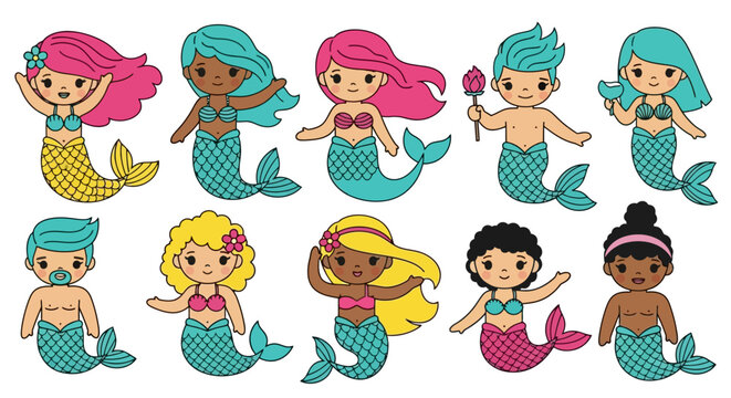 Adorable Mermaid and Merman Cartoon Vector Art: Charming Ocean Creatures for Kids and More