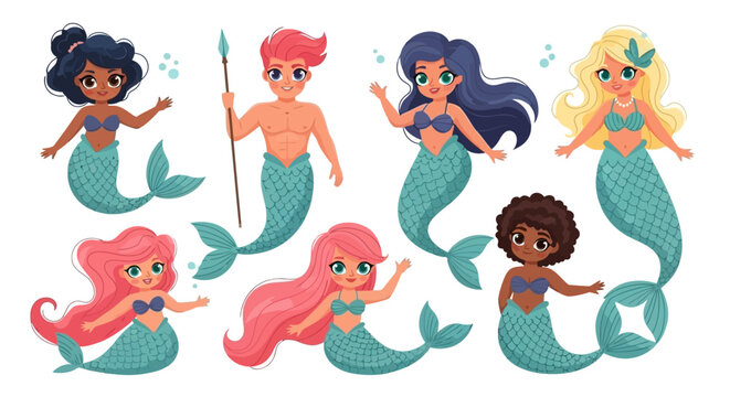 Set of cartoon mermaid characters vector illustration for children's book and design elements
