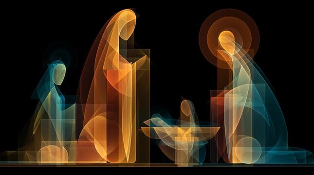 Modern nativity scene with minimalist geometric shapes, soft warm lighting, clean lines, and a serene holy family silhouette in a contemporary setting.