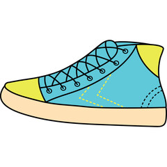 Turquoise and Yellow High Top Sneaker with White Laces and Tan Sole on a Transparent Background