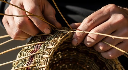 Skilled hands meticulously weave natural fibers to create a rustic woven basket