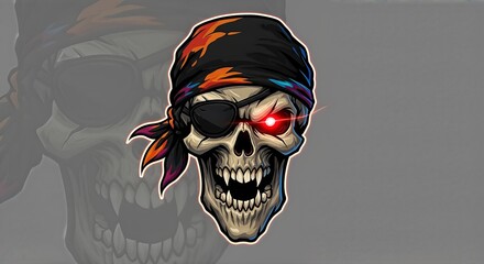 Pirate Skull with Eye Patch and Bandana, Glowing Red Eye.