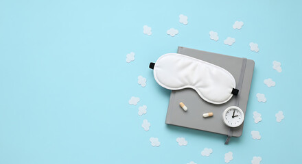 Sleeping and relaxation accessories in the blue background