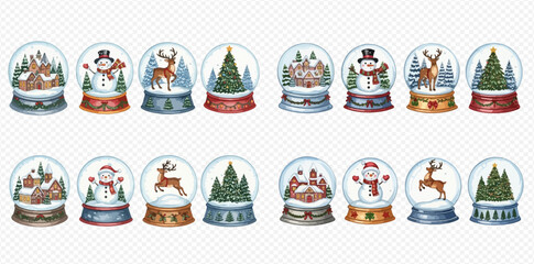 Watercolor collection of various Christmas and winter snow globes featuring festive scenes like snowmen, reindeer, and snow-covered villages.