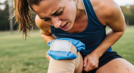Female athlete icing her injured knee after a workout on the grass for sports recovery