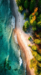 Aerial View of Pristine Beach with Turquoise Water and Lush Forest